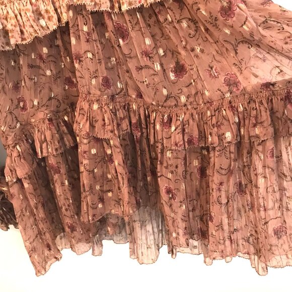 NWT Tularosa Mini dress brown/pink tiered women's XS sheer floral boho hippie - Picture 6 of 8